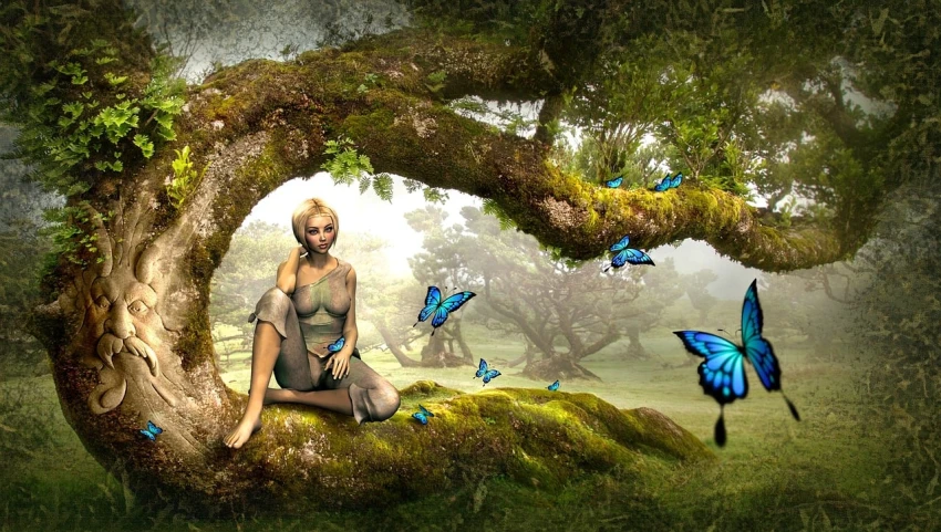 a woman sitting on top of a moss covered tree, an airbrush painting, inspired by Alison Kinnaird, pixabay contest winner, butterflies in the foreground, beautiful wood elf, photoshopped, eye-catching