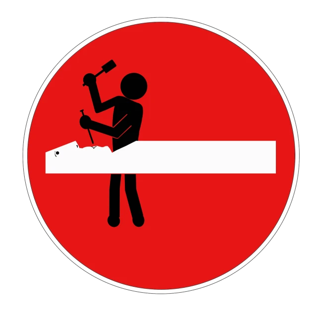 a red and white sign with a man holding a hammer, pixabay, constructivism, wielding a knife, on a birdge, delete, sitting down
