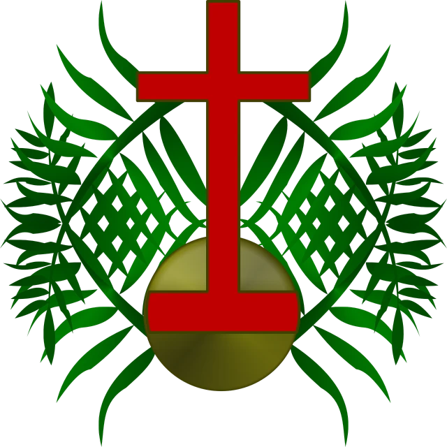 a red cross sitting on top of a green plant, inspired by Matthias Stom, cg society, hurufiyya, npc with a saint\'s halo, golden dawn, catholicpunk, tartan vestments