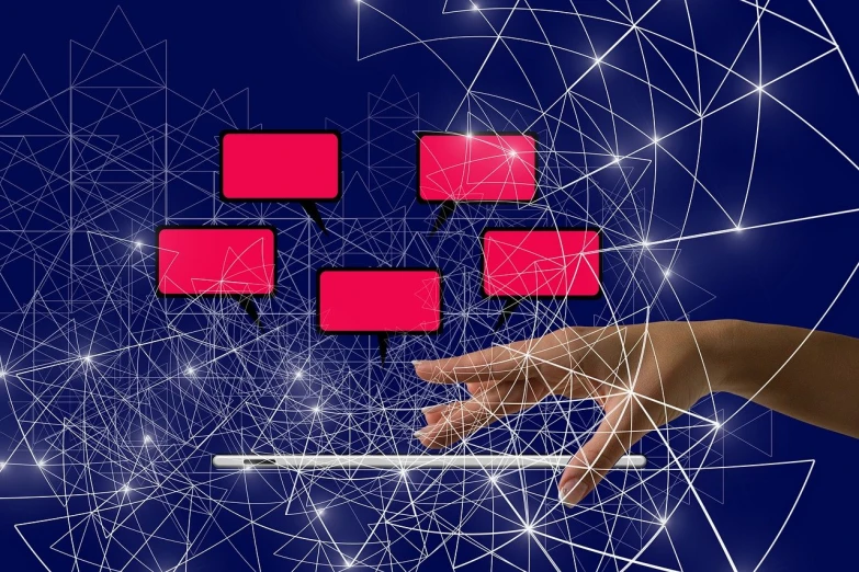 a close up of a person's hand using a laptop, a digital rendering, trending on pixabay, digital art, giant red led screens, connections, on simple background, speech