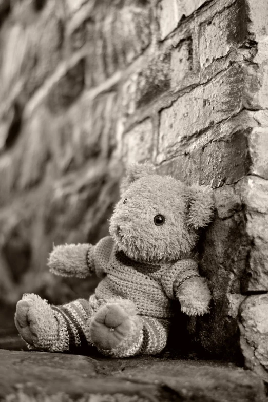 a teddy bear sitting against a brick wall, a picture, by Alexander Fedosav, fine art, monochrome:-2, hugs, adventure, homemade