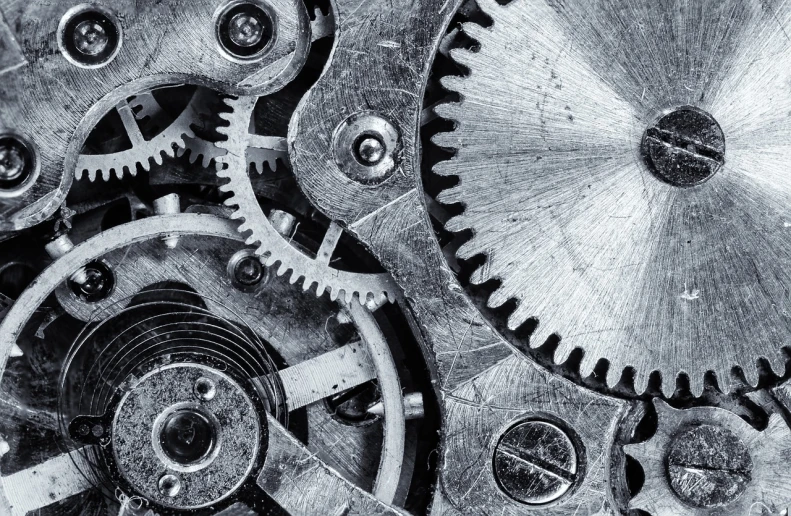 a close up of a bunch of gears, by Konrad Witz, trending on pixabay, precisionism, monochrome, time warping, enterprise workflow engine, instagram post