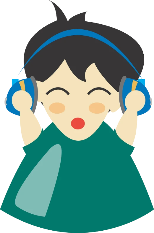 a boy with headphones on listening to music, an illustration of, by Awataguchi Takamitsu, pixabay, mingei, children\'s illustration, no gradients, <pointé pose>;open mouth, istockphoto