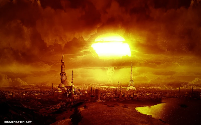 a nuclear explosion in the sky over a city, nuclear art, the sun, devils, war photo, oversaturated