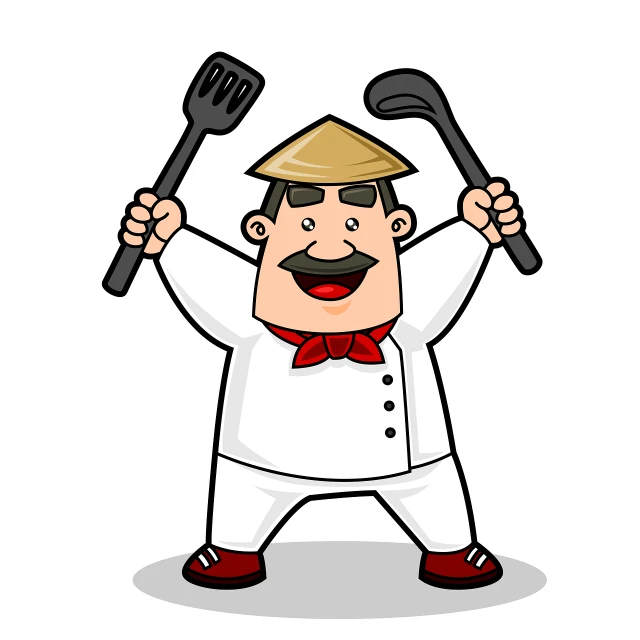 a cartoon chef holding two spats and a fork, an illustration of, inspired by Kanbun Master, cartoon style illustration, mao, digital art illustration, unibrow