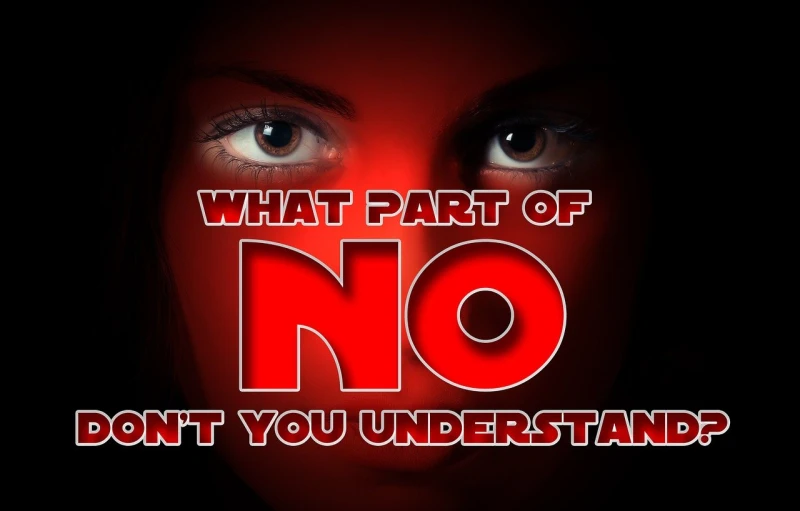 a woman's face with the words what part of no don't you understand?, by Juan O'Gorman, pixabay, unilalianism, red contacts, arrogant and sinister attitude, shodan, no jersey