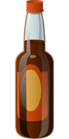 a bottle of beer sitting on top of a table, a digital rendering, pixabay, very flat shading, agent orange, image apothecary, back - view