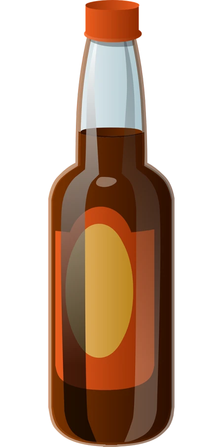 a bottle of beer sitting on top of a table, a digital rendering, pixabay, very flat shading, agent orange, image apothecary, back - view