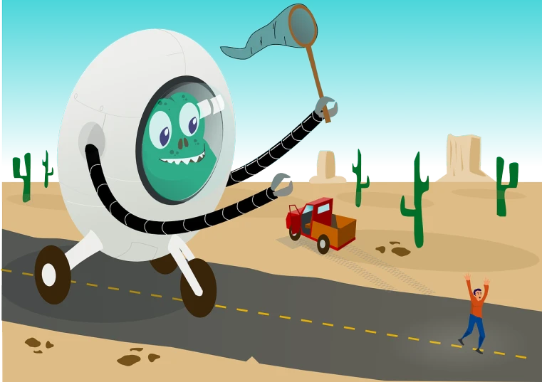 an image of a cartoon character in the desert, inspired by Ed Roth, shutterstock, diaper disposal robot, giant eyeball, accurate roads, landing on the moon