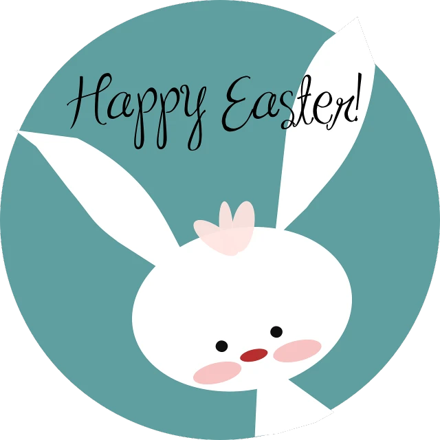 a white rabbit in a blue circle with the words happy easter, a photo, vectorized, high res photo