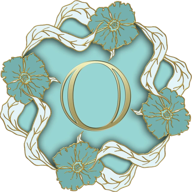 a gold letter o surrounded by blue flowers, a digital rendering, deviantart, art nouveau, turquoise, cotton, carnation, onyx