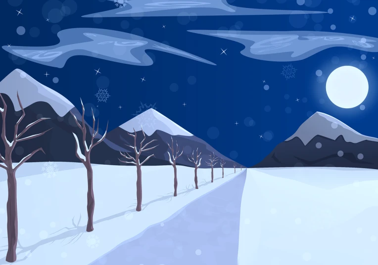 a snowy landscape with trees, mountains, and a full moon, vector art, digital art, snowy italian road, landscape of geometric shapes, falling star on the background, whole page illustration