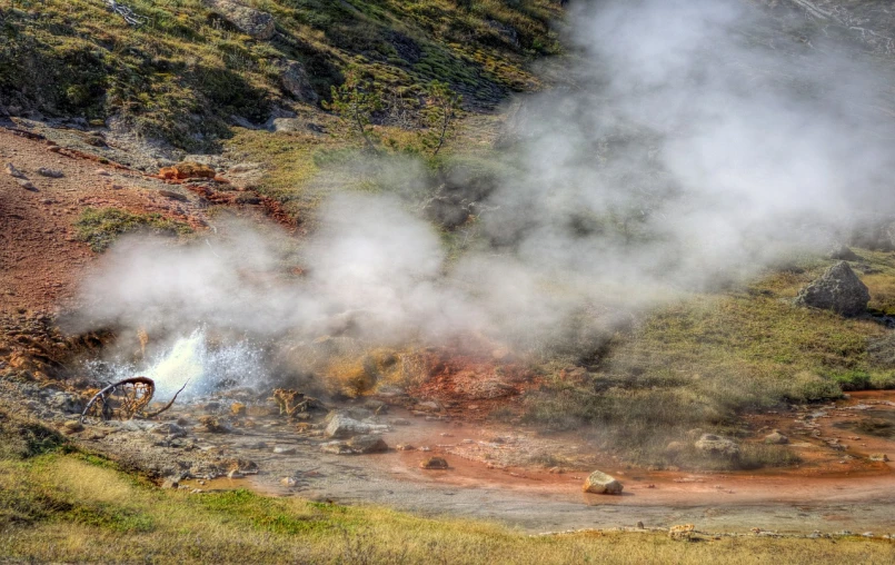 a hot spring with steam coming out of it, a photo, by Dietmar Damerau, pixabay, process art, red horns, the earth sprouts lava, hdr!, hot day