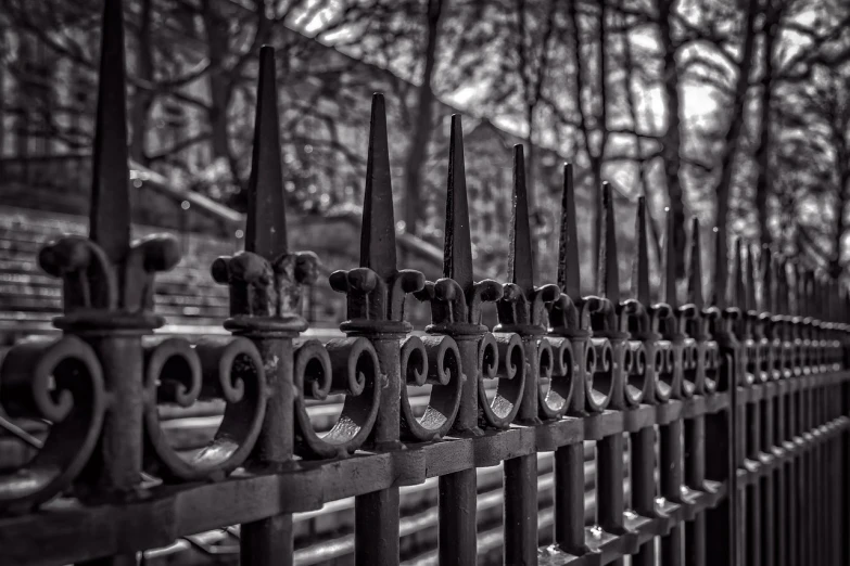a black and white photo of a fence, by Sven Erixson, pixabay, baroque, neighborhood, instagram photo, metal works, in a row