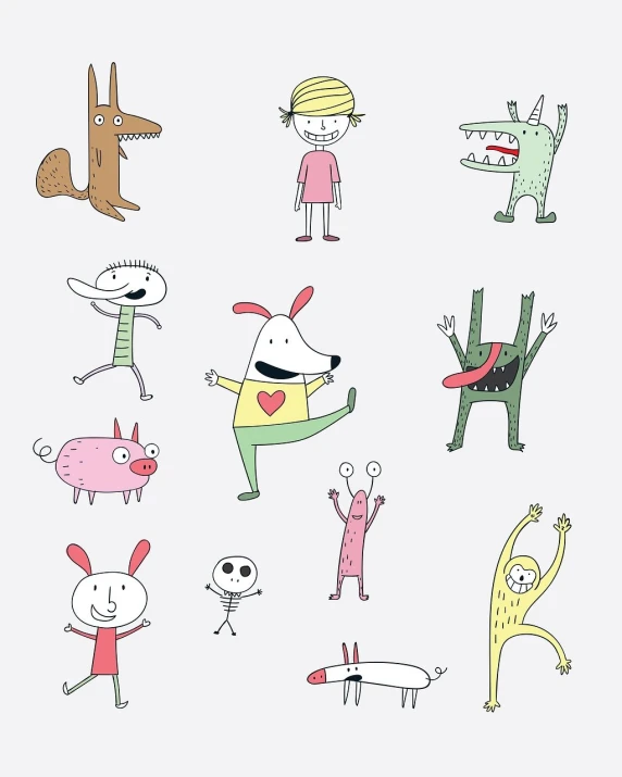 a bunch of cartoon animals on a white background, inspired by William Steig, trending on pixabay, antipodeans, the dog is doing a ballet dance, trend on behance illustration, cute monster, draw with wacom tablet