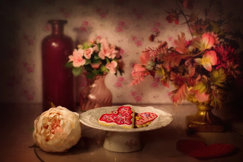 a table with two heart shaped pastries and flowers