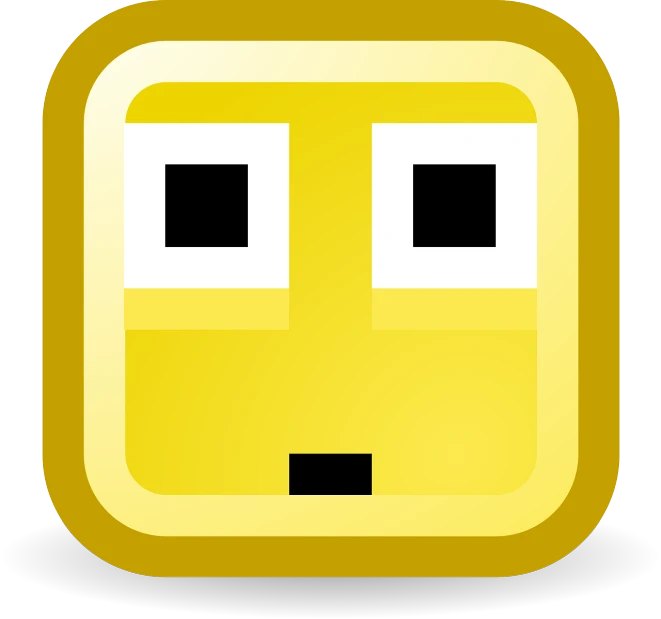 a yellow square face with two black eyes, vector art, flickr, pixel art, round head, closed mouth, cube, bored