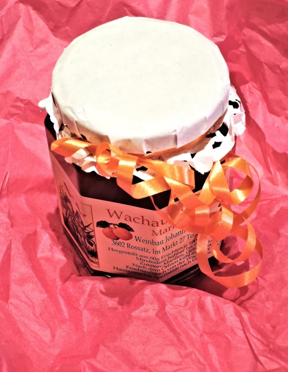 a jar of honey with a ribbon around it, tachisme, warhammrer, covered with pink marzipan, wenjr, morhbacher