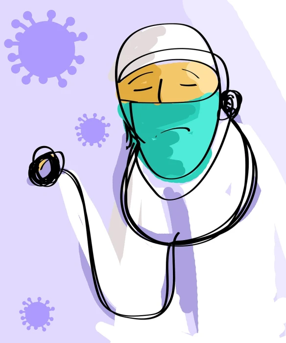 an doctor is wearing a medical mask and holding his stethoscope