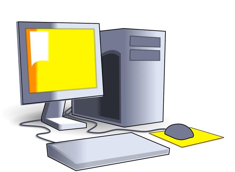 a cartoon picture of a computer monitor, keyboard, mouse and binder