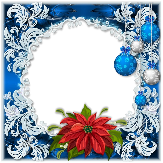 a christmas greeting with a poinsettie and two baubles