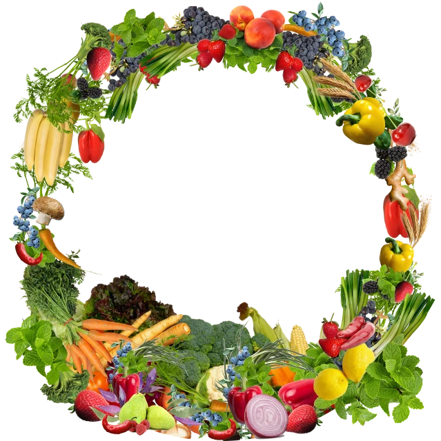 a colorful circular design of fruit and vegetables