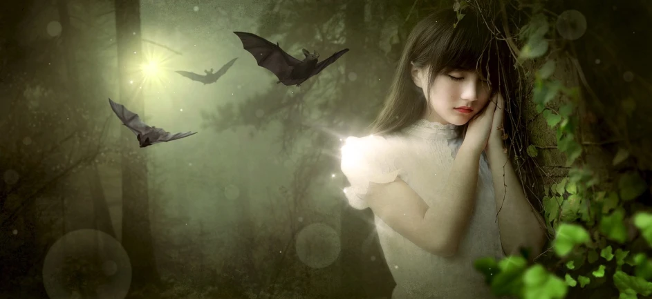 a girl and a bat flying in the forest