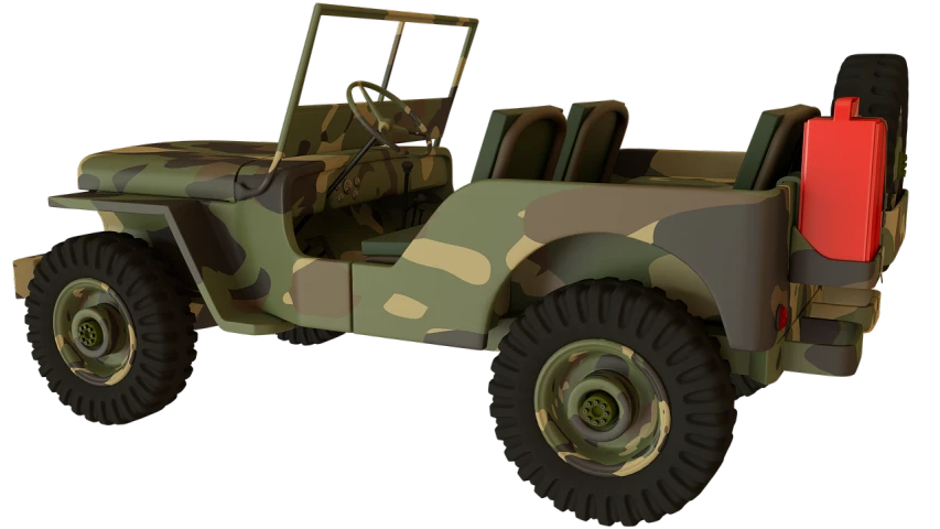 an army vehicle is shown with camouflage and red flasks