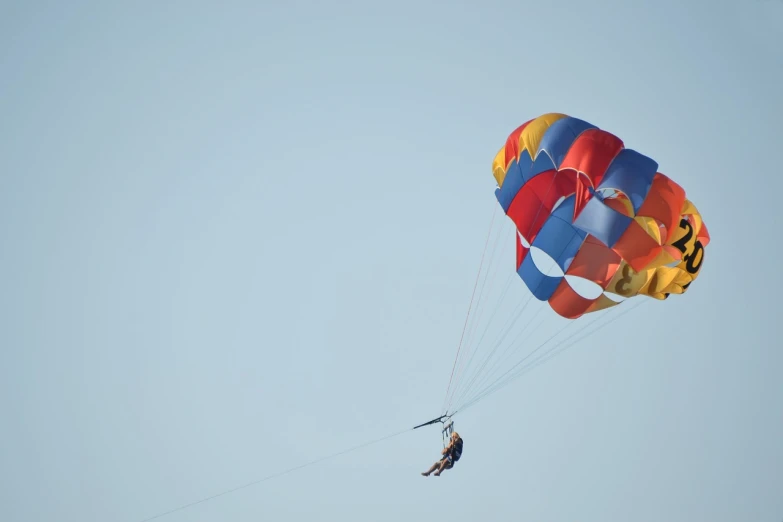 two people flying in a bright, blue sky