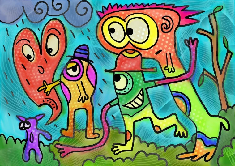 a painting of four colorful monsters playing with a toy