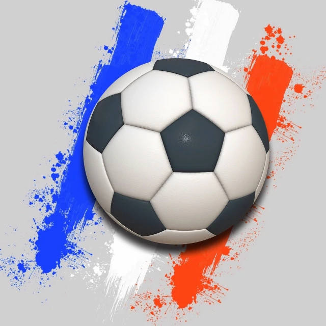 a soccer ball with an orange, blue and red design on it
