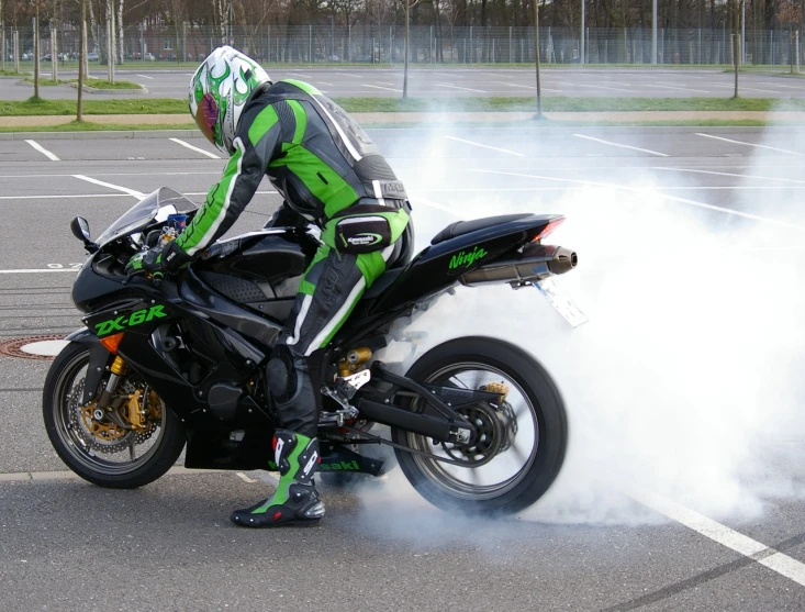 a man in black and green suit is riding a motorcycle