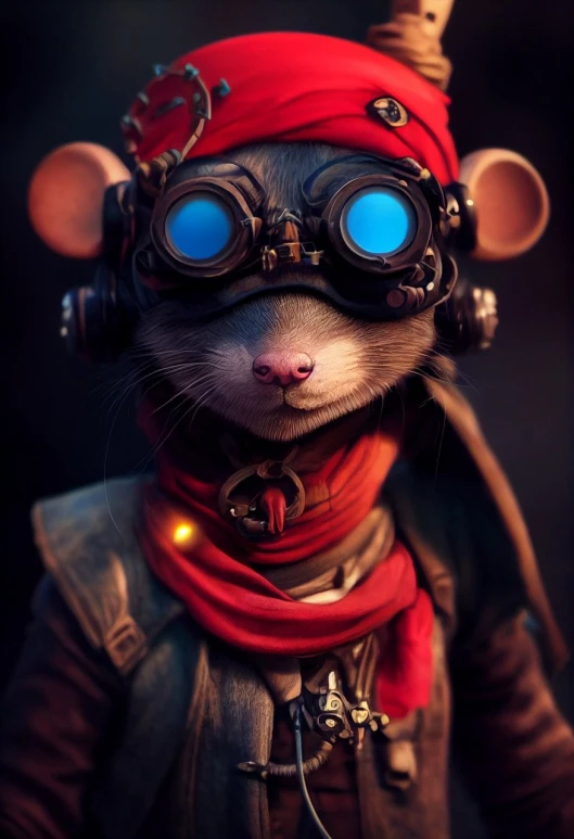 a close up of a mouse wearing goggles and a red hat
