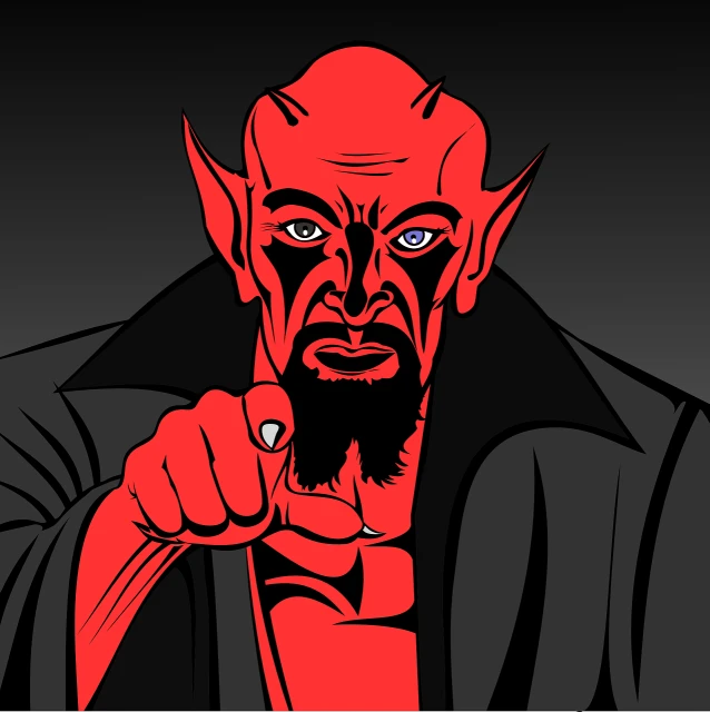 a demonic character with a beard pointing his finger