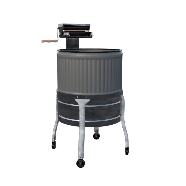 a large, grey barrel with no handles on a white cart