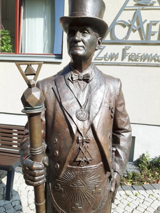 a bronze statue of a man with a hat and cane in front of a building