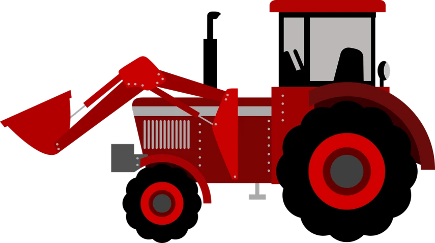 a red and white tractor with a loader