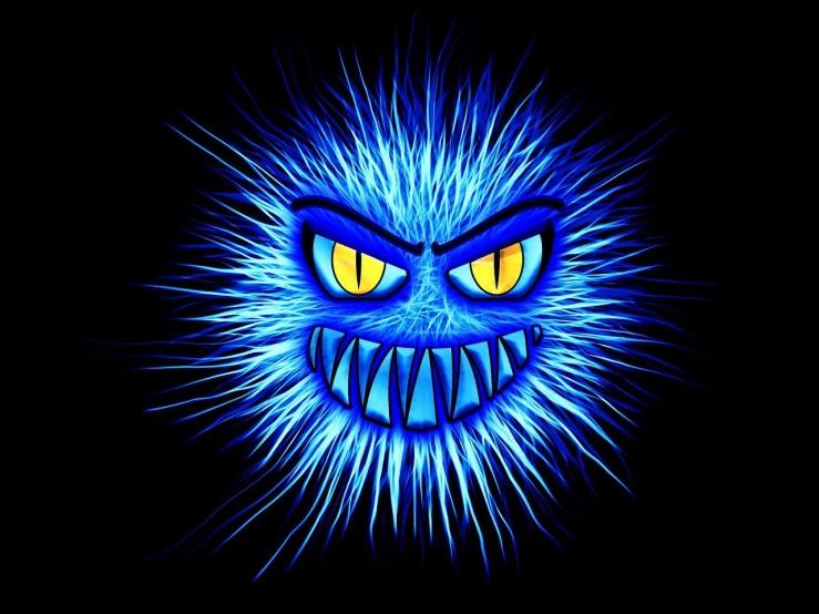 a blue monster with bright yellow eyes and a black background