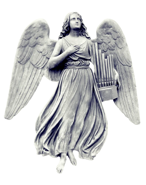 angel with organ and wings, standing behind a column