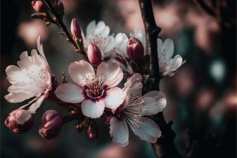 an orange - red and pink flower on a tree