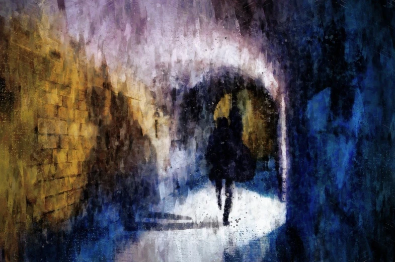 an abstract painting of a person walking into a tunnel