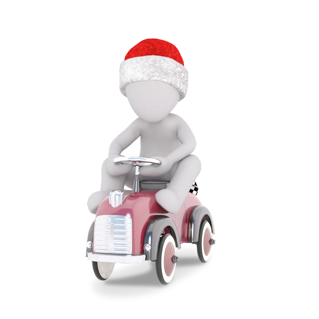 the figure is on a toy car with a santa hat