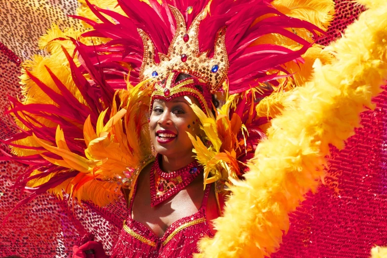 a colorfully dressed woman with feathers and a headdress