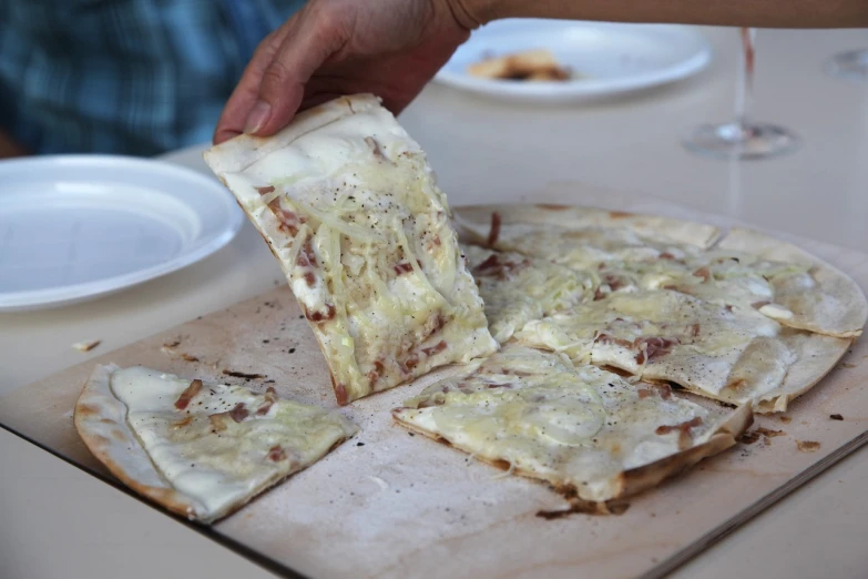 a man is taking a piece of pizza from the table