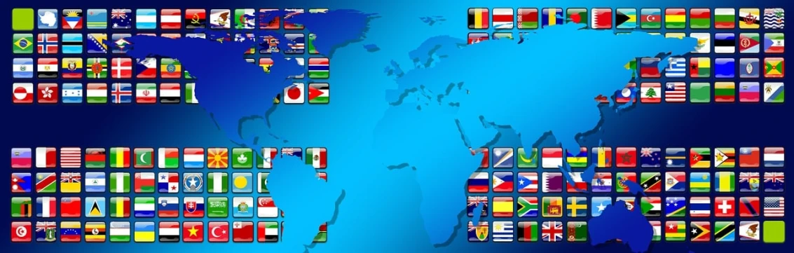 a colorful map made up of all different flags