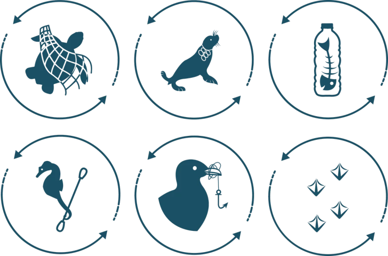 four circular icons in blue that depict animals and food