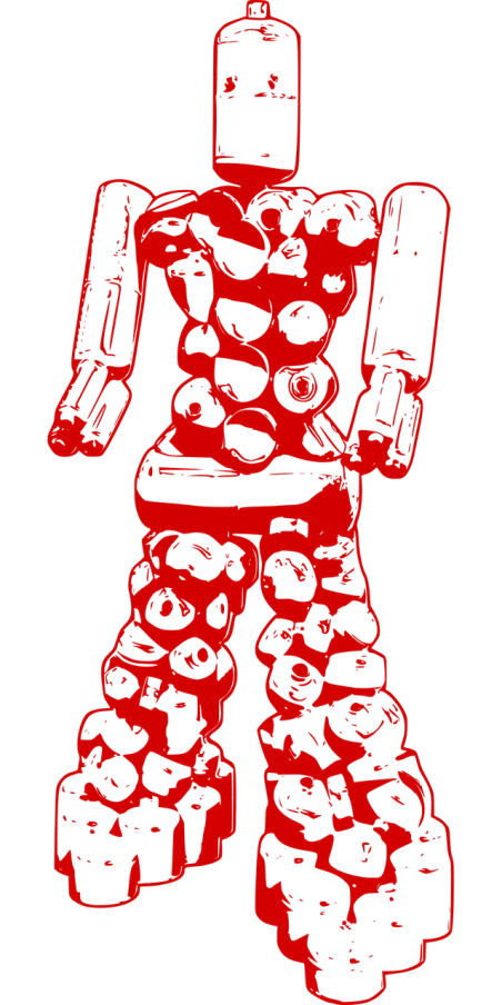 a red robot made of circles holding an object in its hands