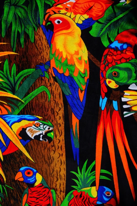 a brightly colored bird painting on top of palm trees