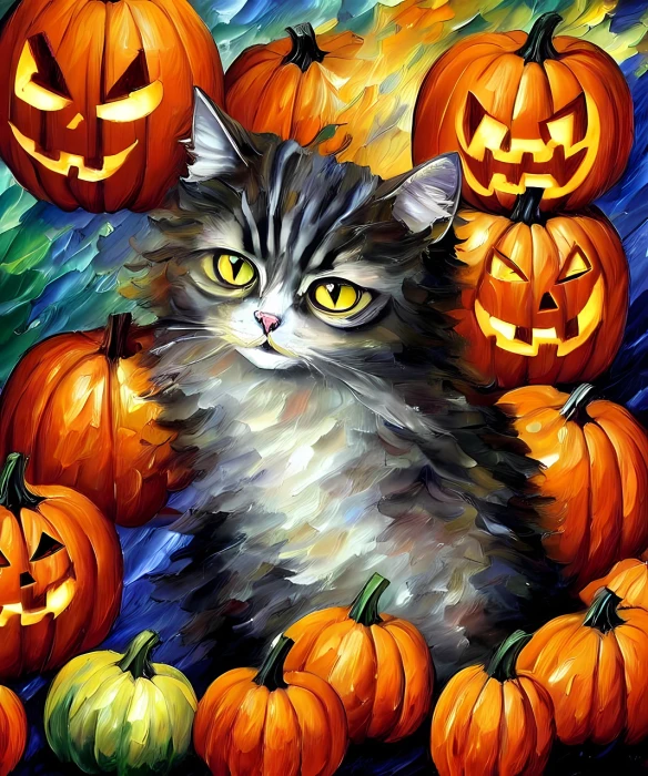 a gray cat surrounded by halloween pumpkins