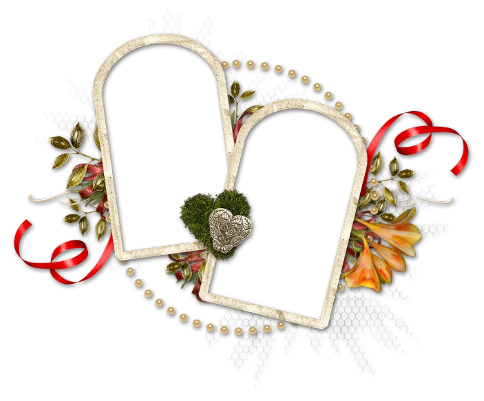 two white hearts surrounded by flowers and ribbons